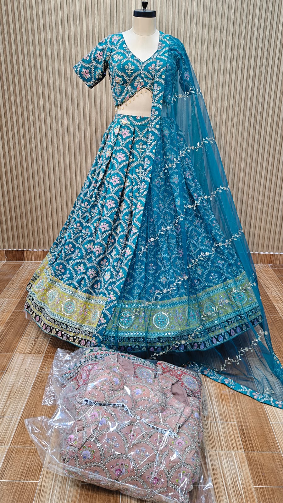 Blue pink banarasi Crop top Lehenga