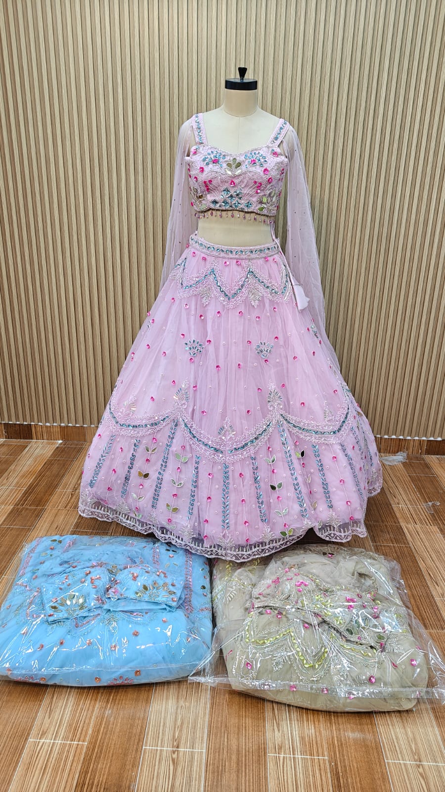 Pink blue green Crop top Lehenga