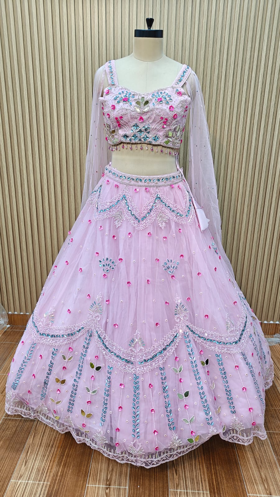 Pink blue green Crop top Lehenga