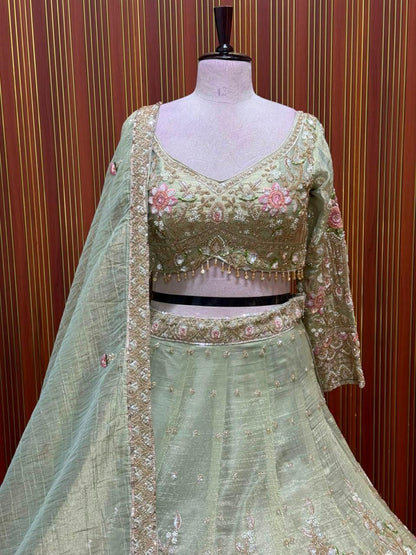 Green brown pink Crop top Lehenga