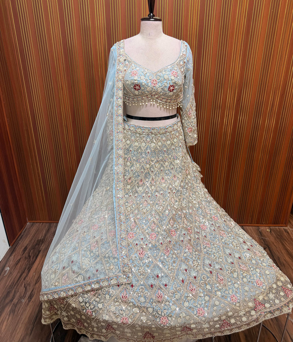 Blue pink golden Crop top Lehenga