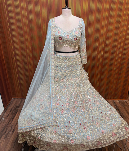 Blue pink golden Crop top Lehenga