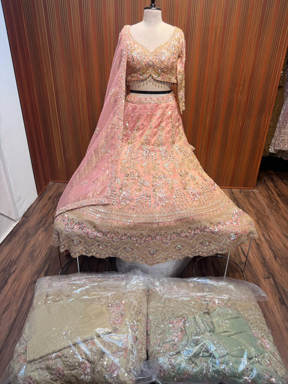 Pink brown green Crop top Lehenga
