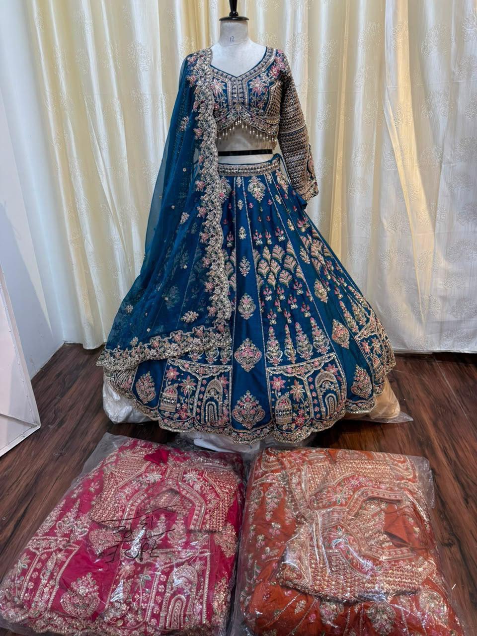 Blue red orange Crop top Lehenga