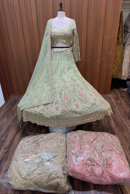 Green brown pink Crop top Lehenga