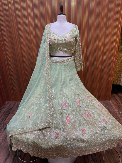 Green brown pink Crop top Lehenga