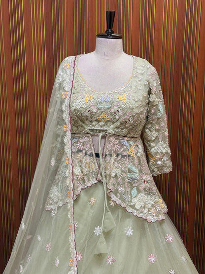 Green pink brown Crop top Lehenga
