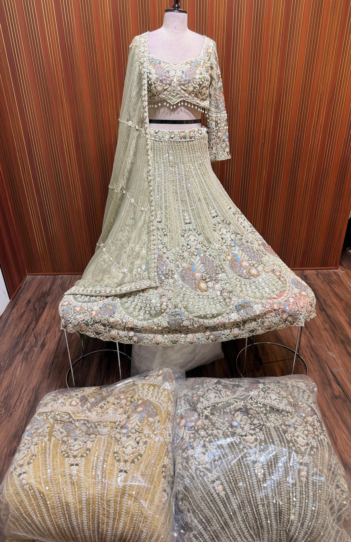 Green yellow Lavender top Lehenga