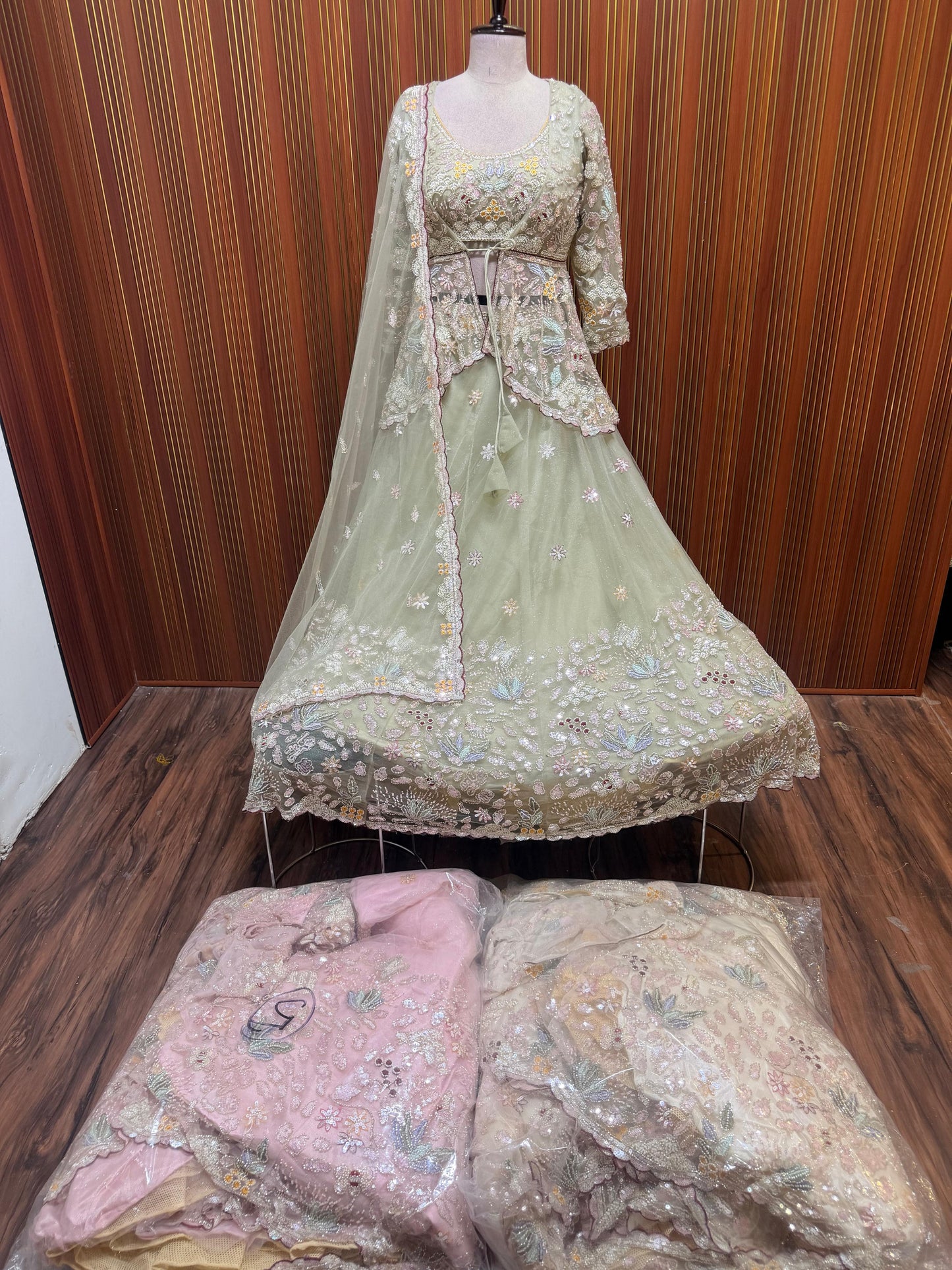 Green pink brown Crop top Lehenga