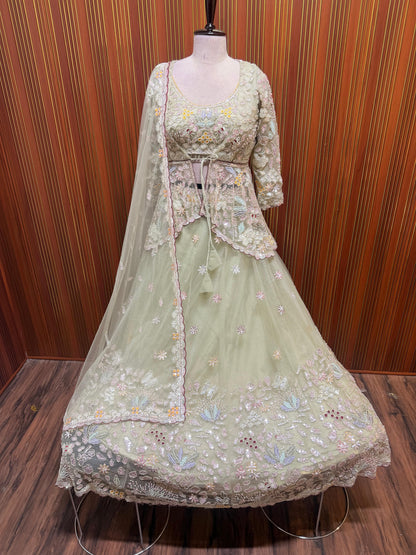 Green pink brown Crop top Lehenga