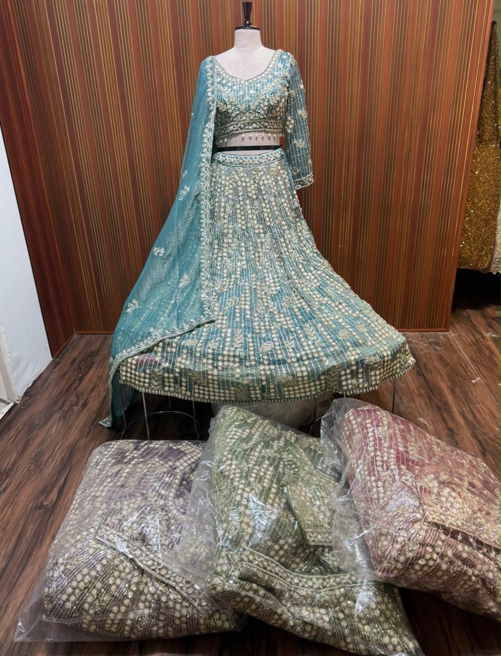 Blue lavender green maroon Crop top Lehenga