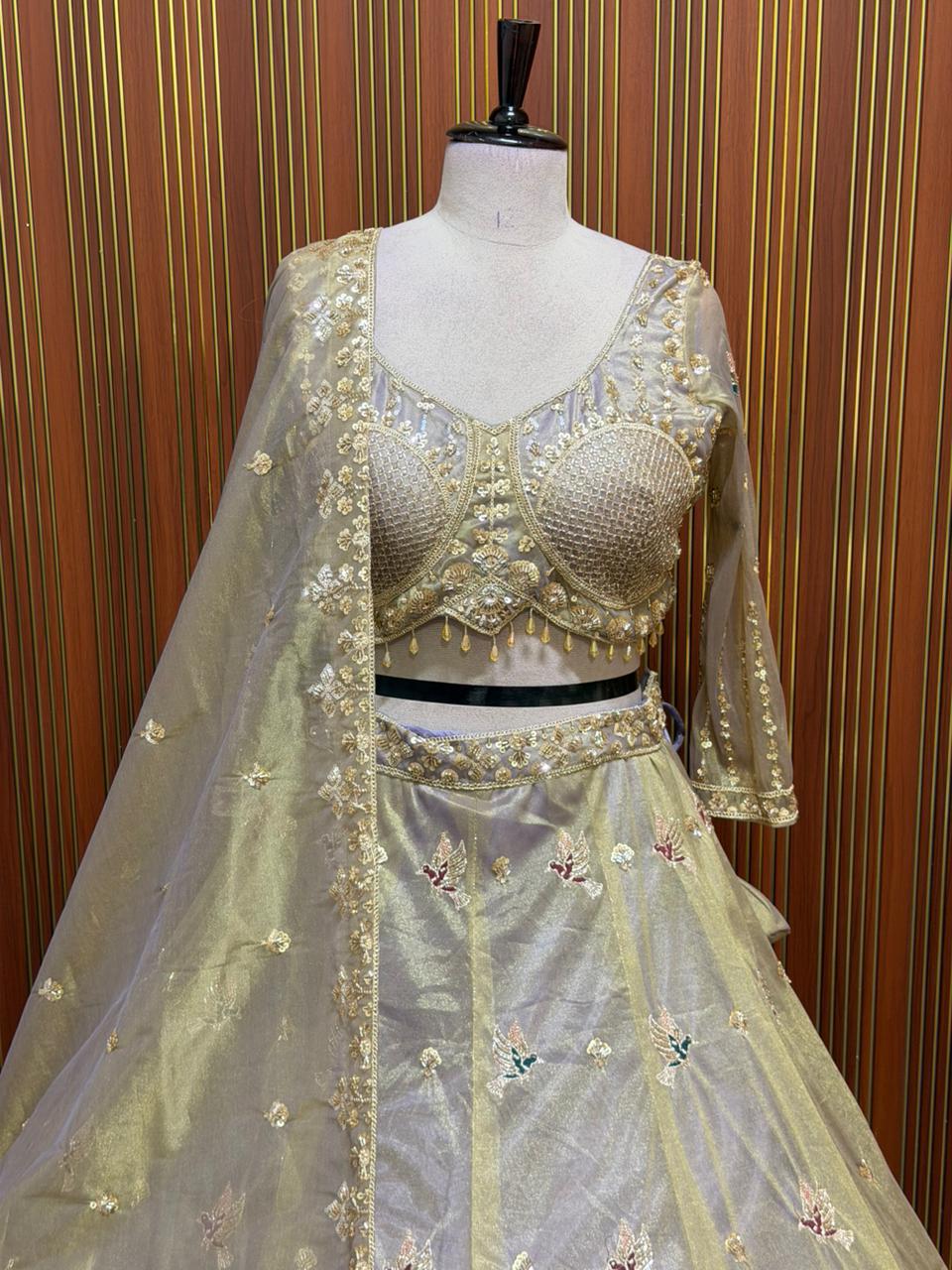 Golden Lavender green net crop top Lehenga
