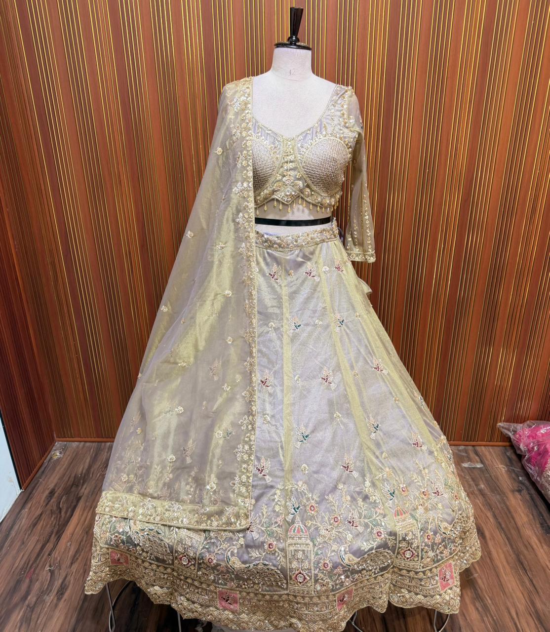 Golden Lavender green net crop top Lehenga