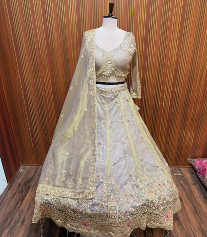 Golden Lavender green net crop top Lehenga