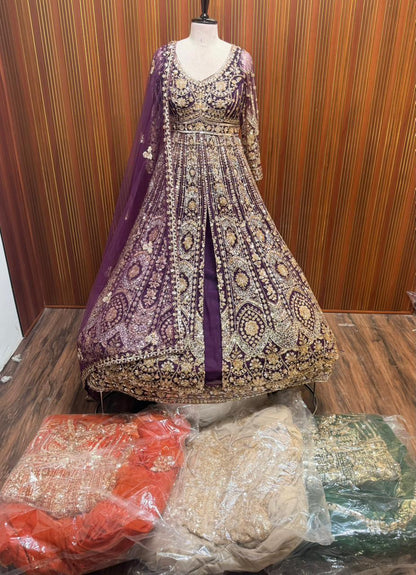 Purple red peach green Crop top Lehenga