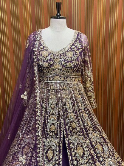 Purple red peach green Crop top Lehenga