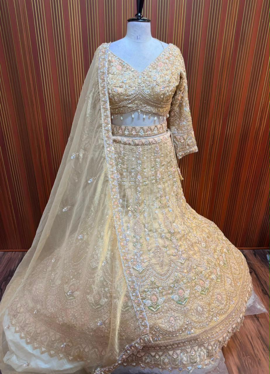 Pink golden green net crop top Lehenga