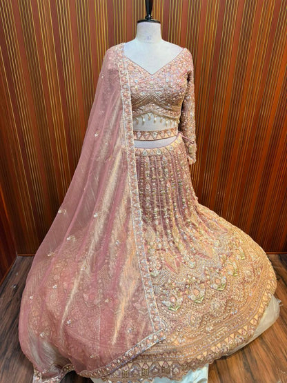 Pink golden green net crop top Lehenga
