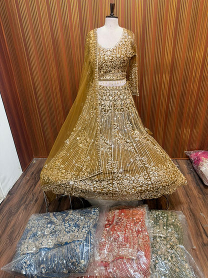 Mehandi blue red green net crop top Lehenga