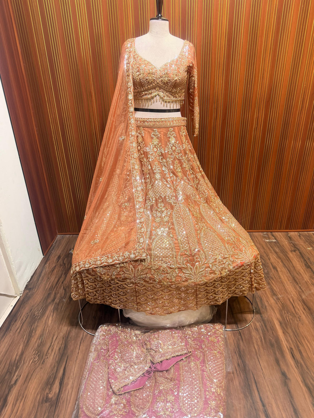 Organe pink net crop top Lehenga