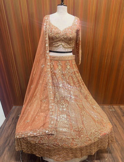 Organe pink net crop top Lehenga
