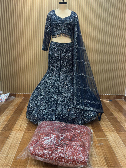 Navy blue pink fish cut Crop top Lehenga