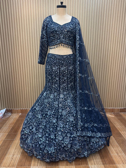 Navy blue pink fish cut Crop top Lehenga