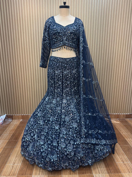 Navy blue pink fish cut Crop top Lehenga
