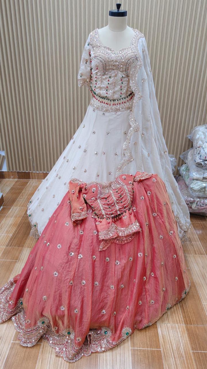 Pink white Crop top Lehenga