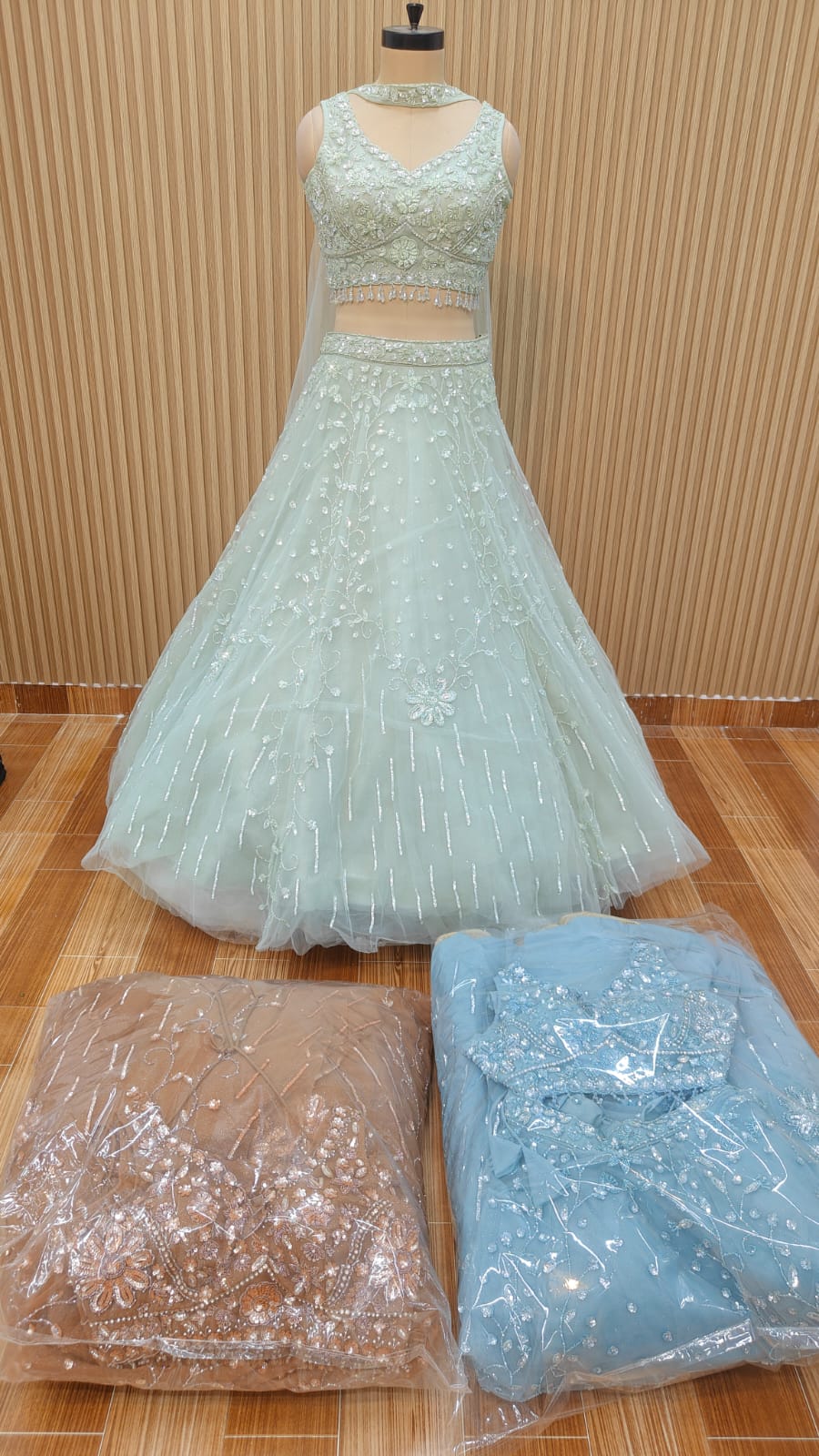 Green blue peach Crop top Lehenga