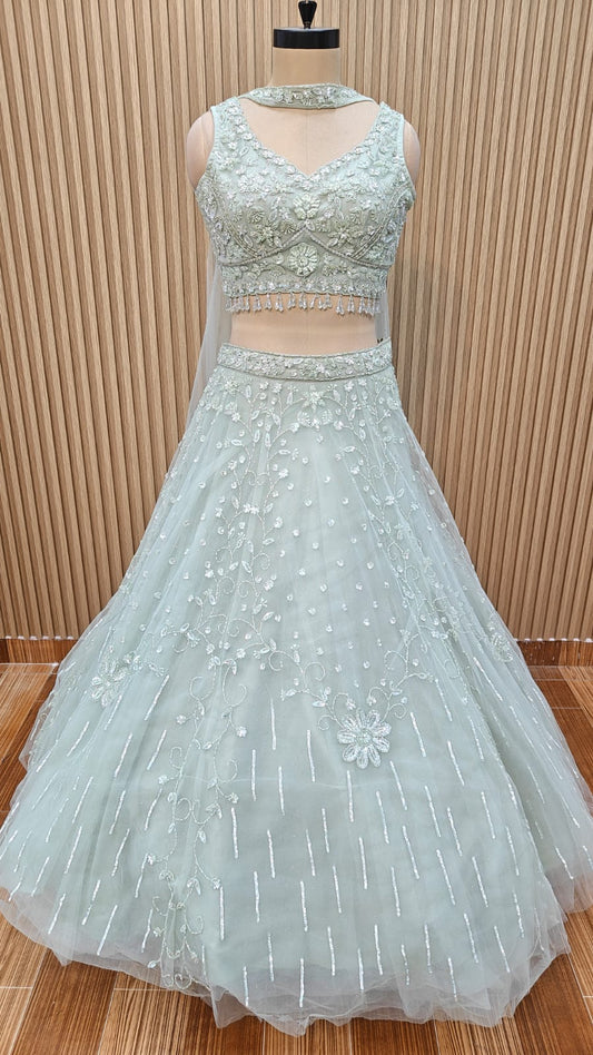 Green blue peach net Crop top Lehenga