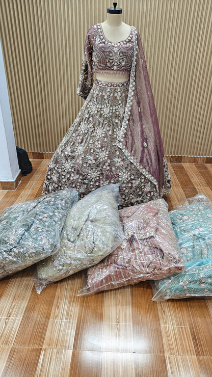 Purple brown mint green lemon green blue Crop top Lehenga