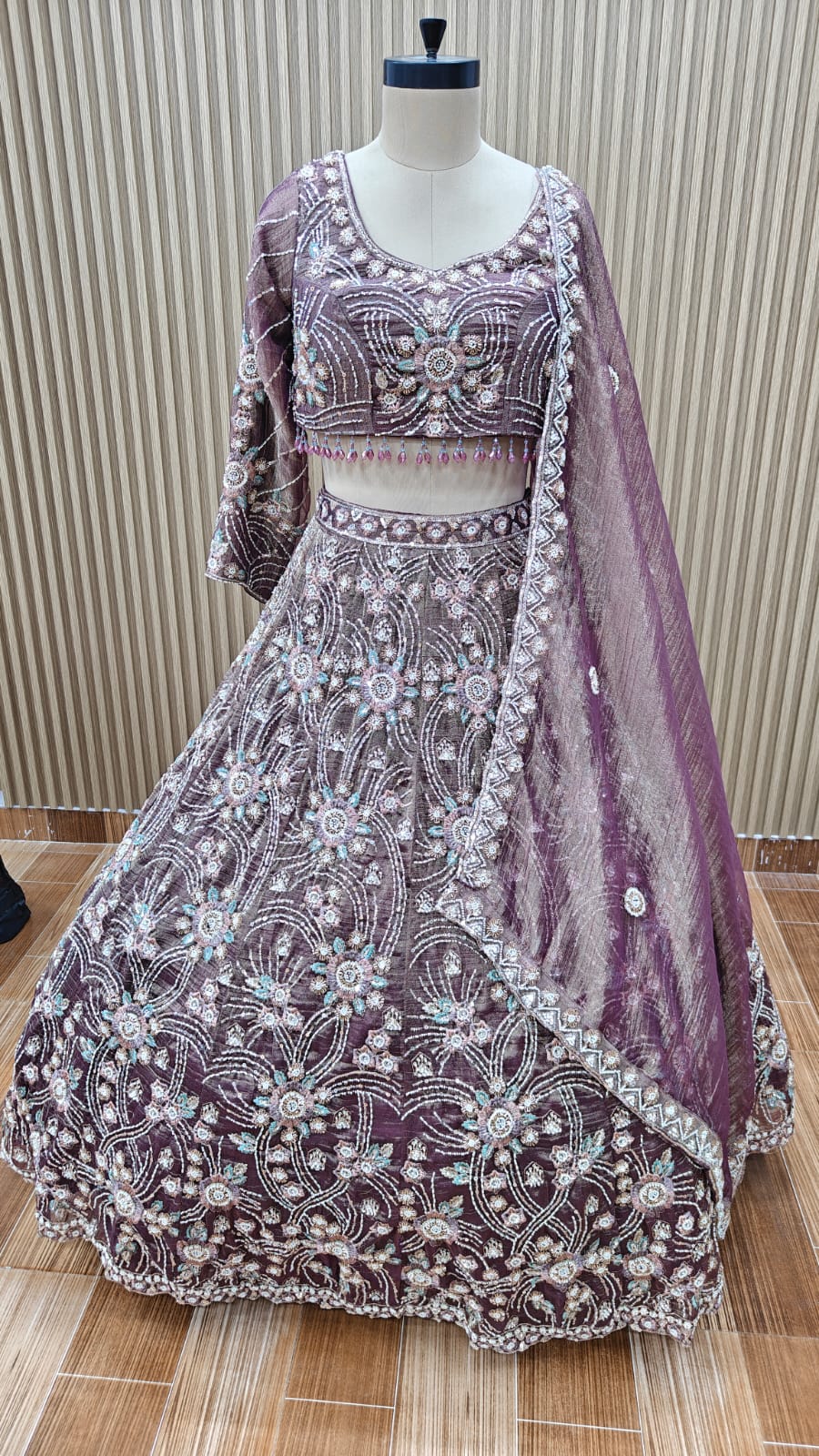 Purple brown mint green lemon green blue Crop top Lehenga