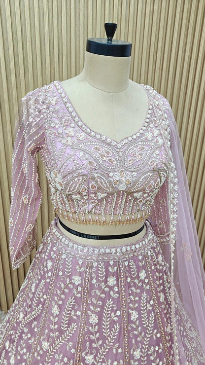pista Green white Pink Crop top Lehenga