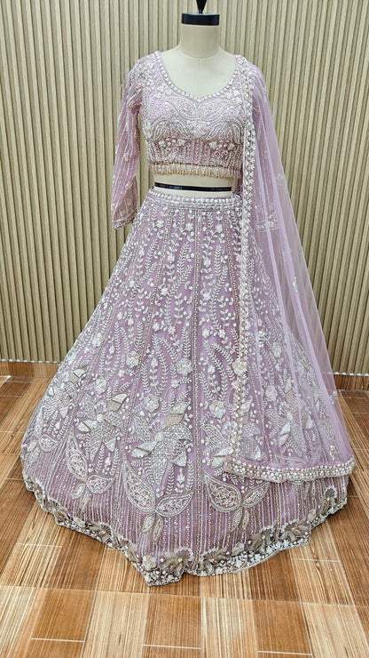 pista Green white Pink Crop top Lehenga