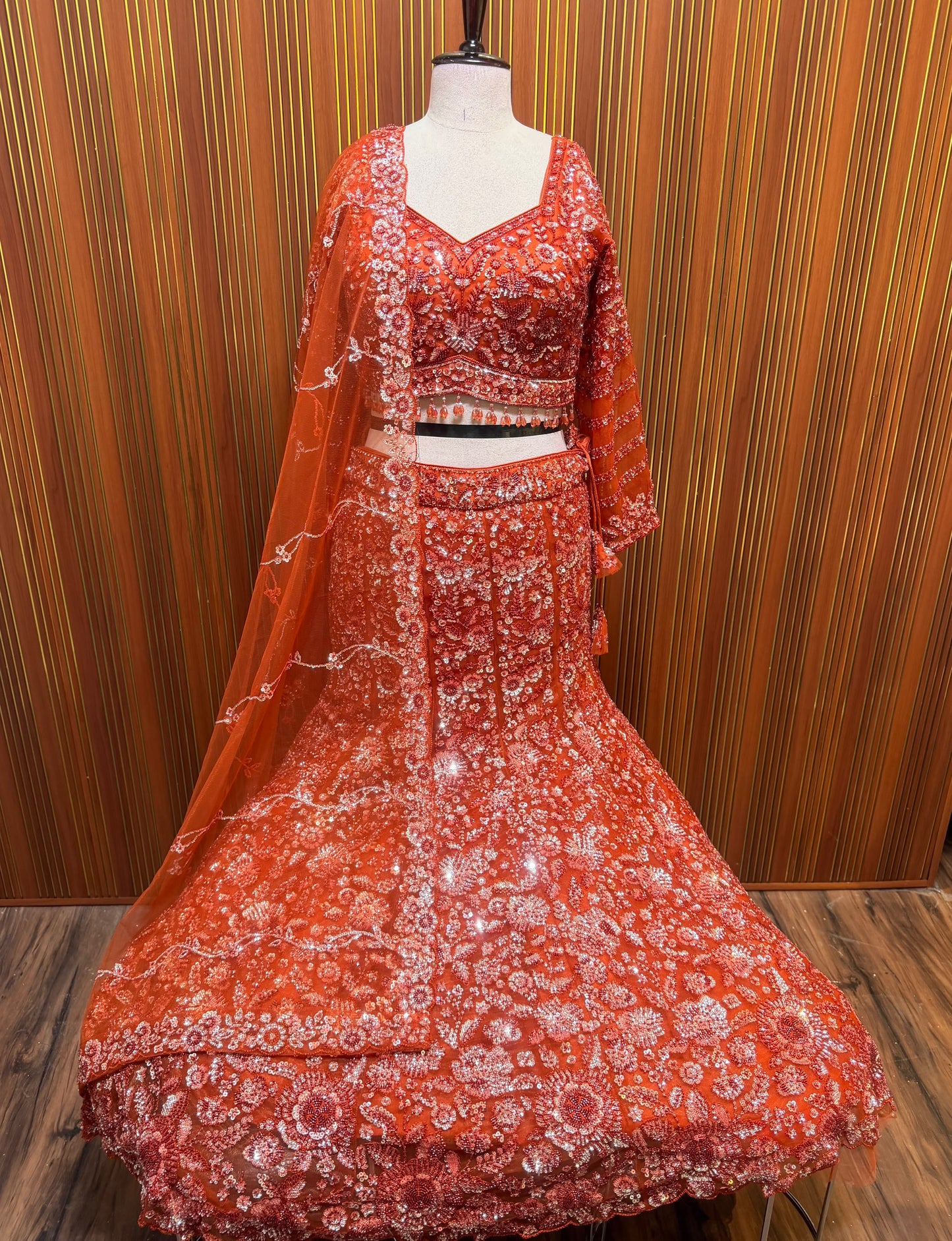 Rust orange navy blue fish cut crop top Lehenga
