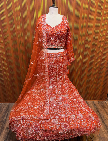 Rust orange navy blue fish cut crop top Lehenga