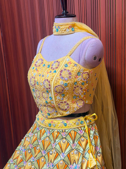 Yellow haldi blue pdp crop top Lehenga