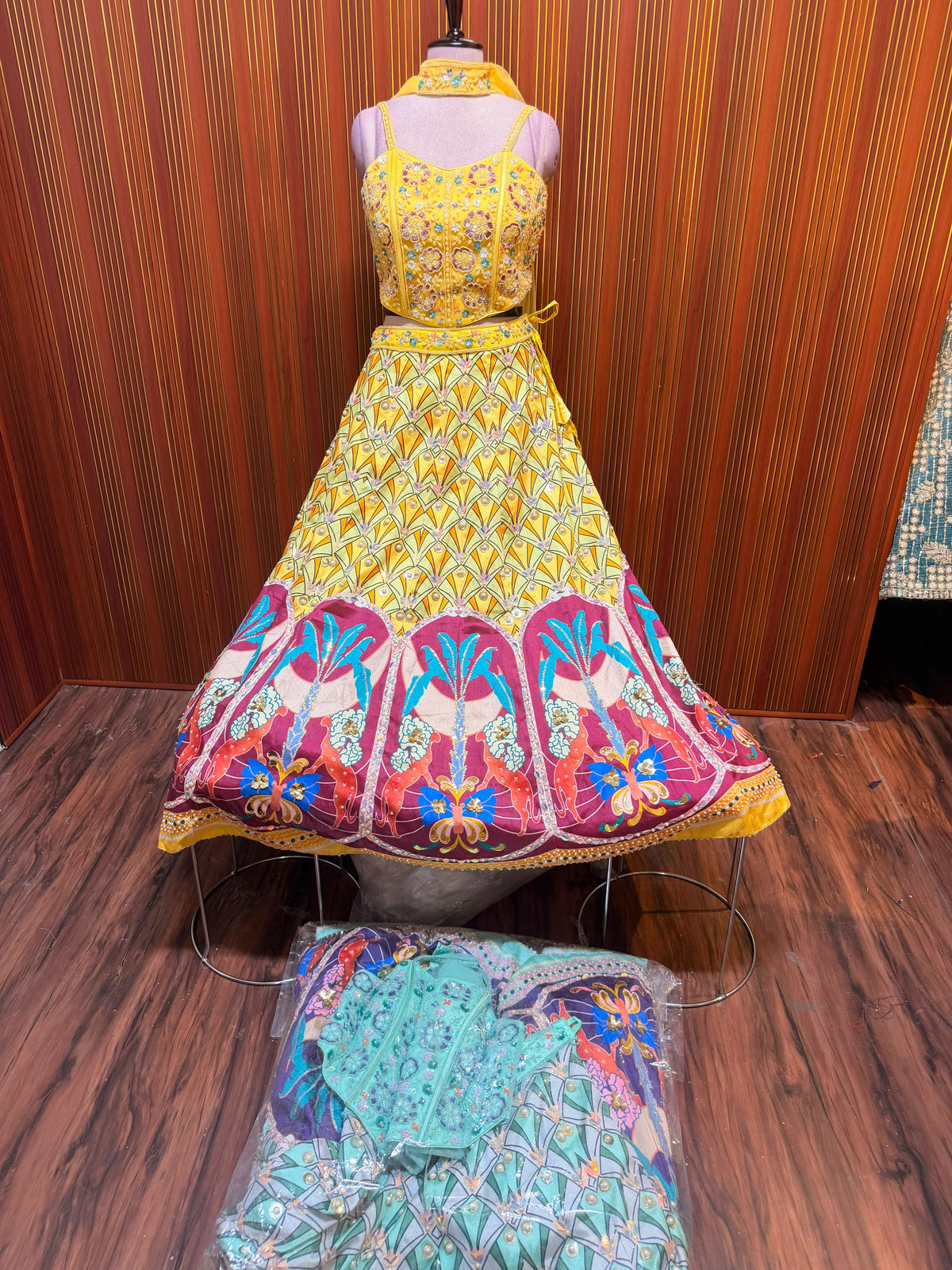 Yellow haldi blue pdp crop top Lehenga