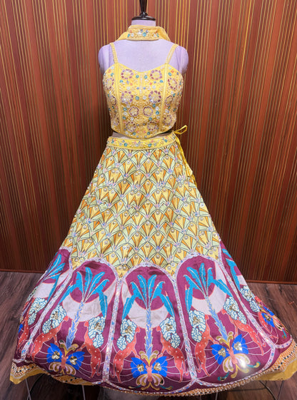 Yellow haldi blue pdp crop top Lehenga