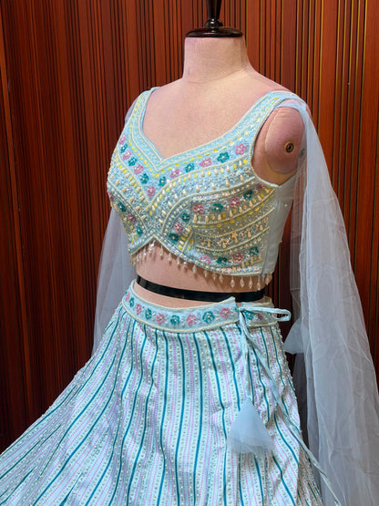 Blue pink peach pdp crop top Lehenga