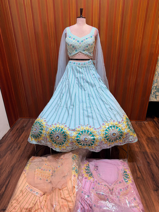 Blue pink peach pdp crop top Lehenga