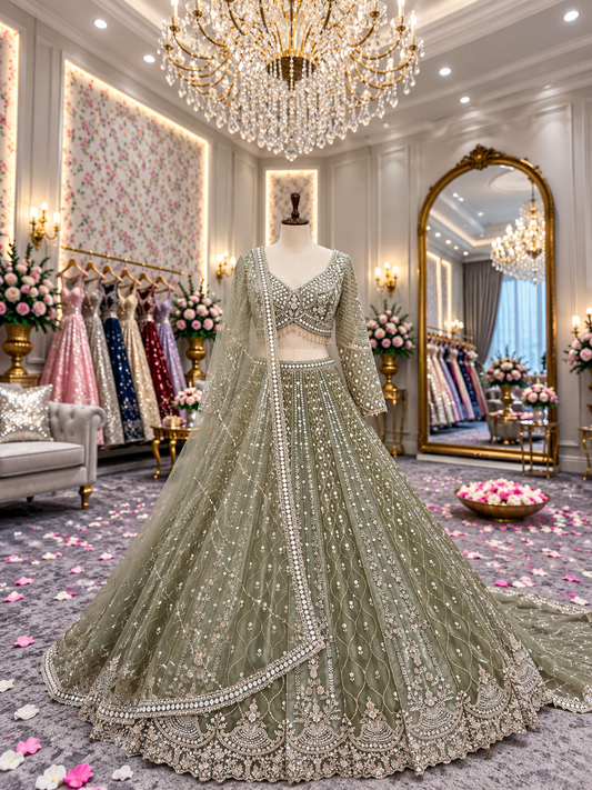 Mehendi green crop top lehenga