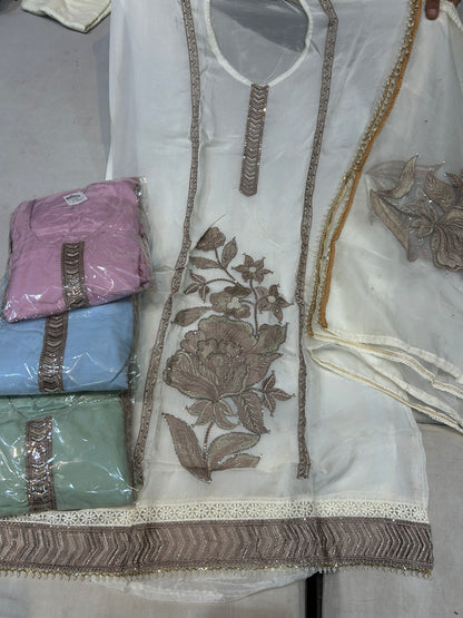 White Floral handwork Unstitch Salwar suit (free size)