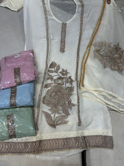 White Floral handwork Unstitch Salwar suit (free size)