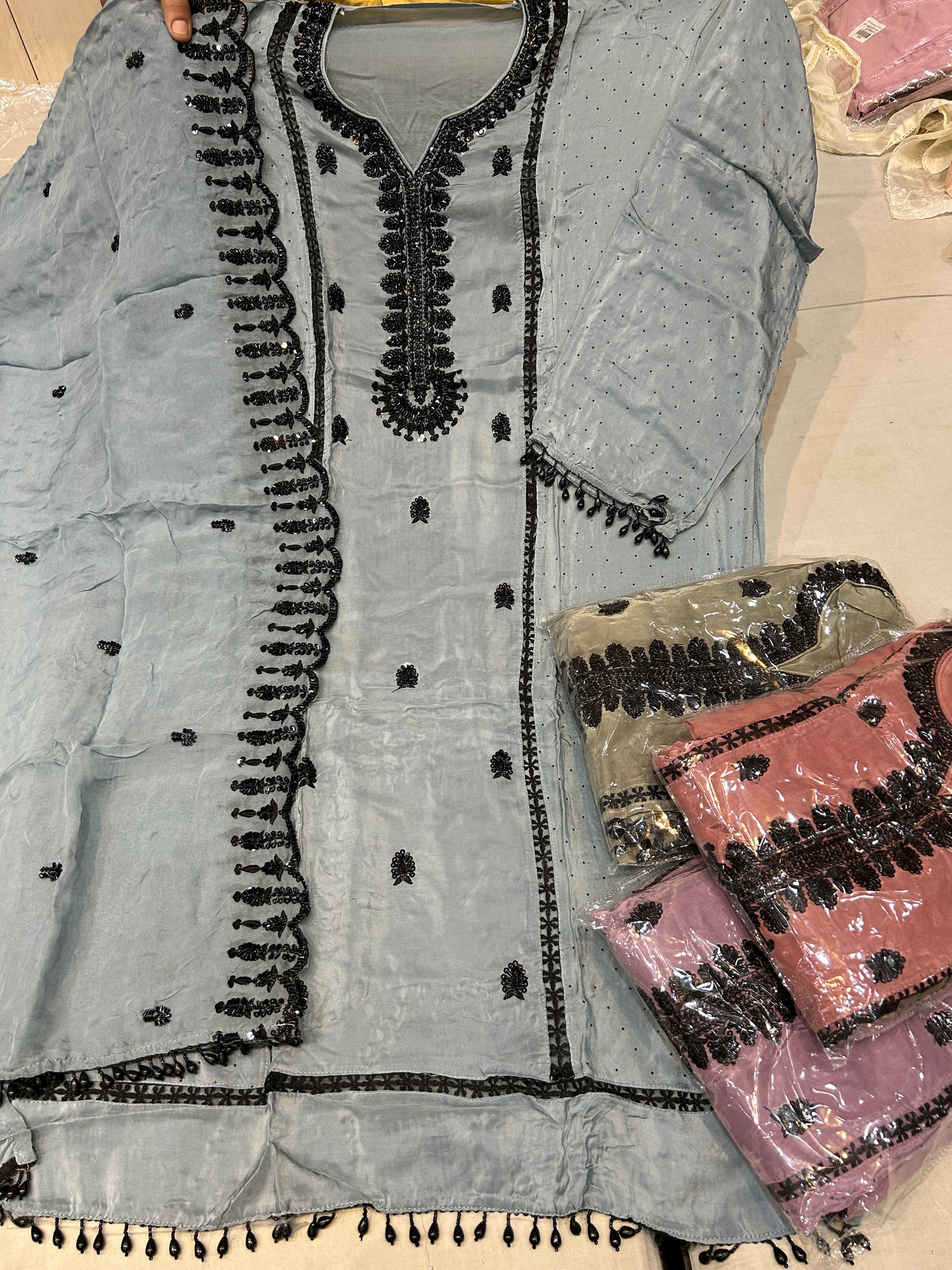 Grey Silver handwork Unstitch Salwar suit (free size) - Shopping World
