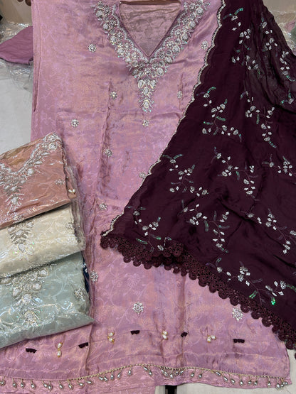 Pink handwork Unstitch Salwar suit (free size)