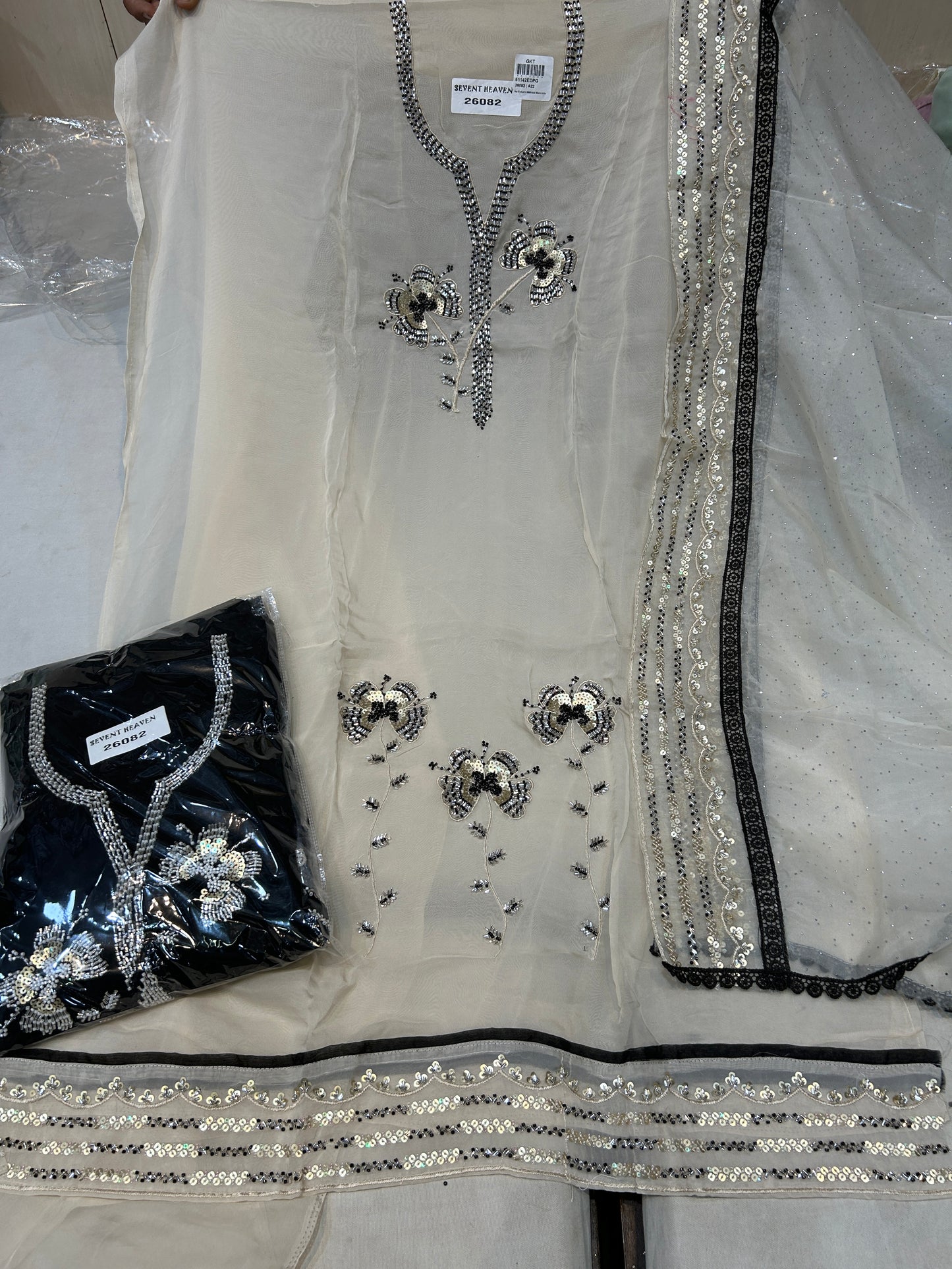 Black white Handwork Unstitched Salwar suit (free size)