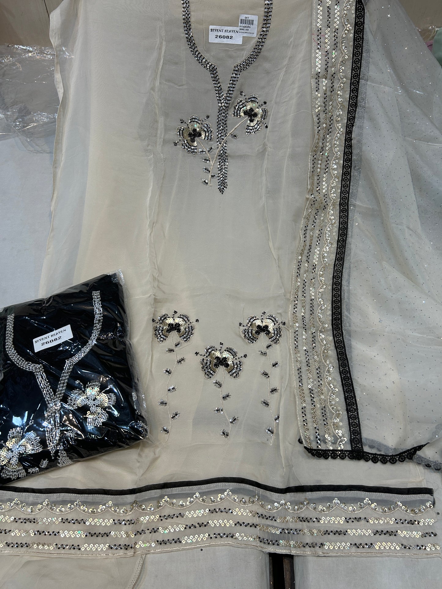Black white Handwork Unstitched Salwar suit (free size)