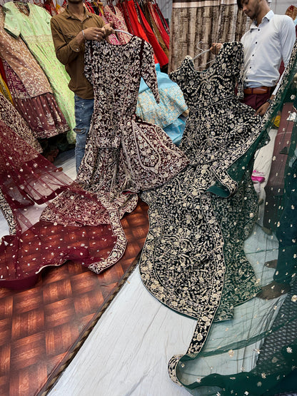 Green Designer Peplum long Dress Farshi Gaharara Pakistani Bridal Dress Muslim Special